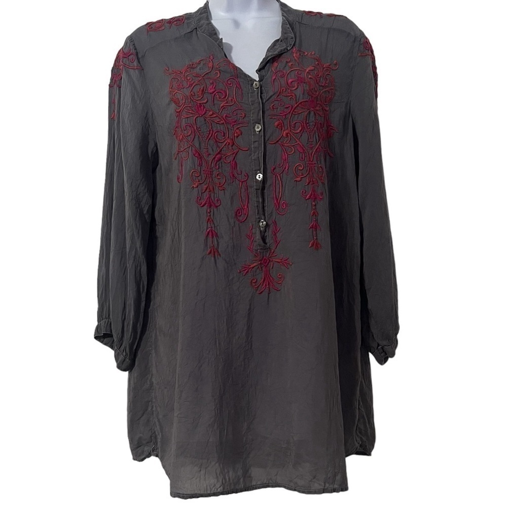 Johnny Was Long Sleeve Embroidered Semi Sheer Tunic Top M Flowy Boho Lightweight